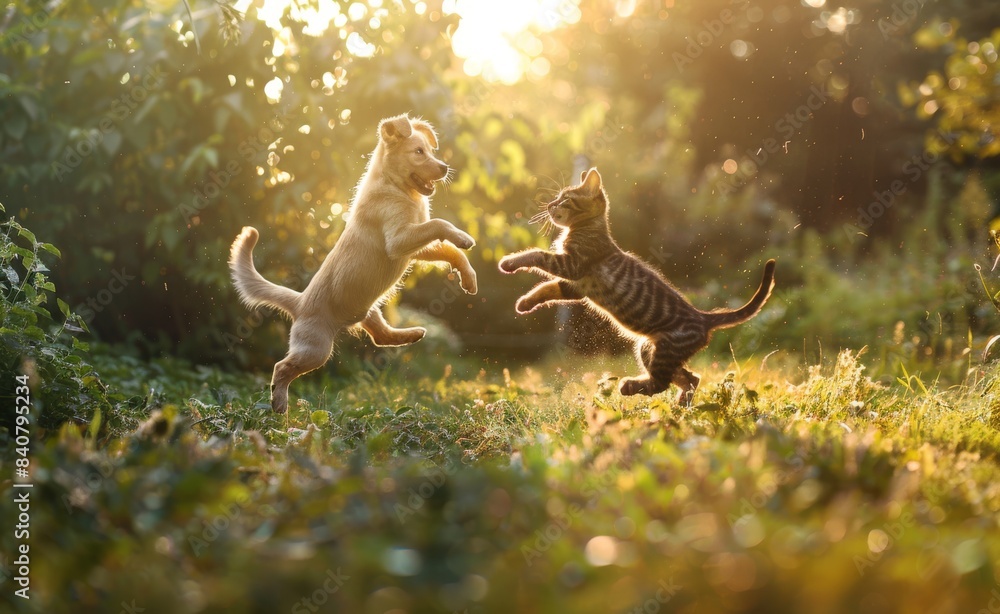 Obraz premium A dog and cat playing together in the garden 