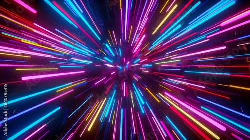 Vibrant neon lines converging in psychedelic 3d explosion with flying objects, memphis style render