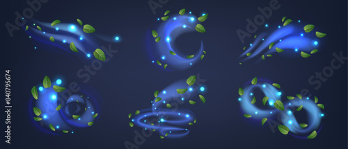 Blue Swirling Patterns Illuminated With Glowing Lights And Accented By Green Peppermint Leaves. Realistic 3d Vector