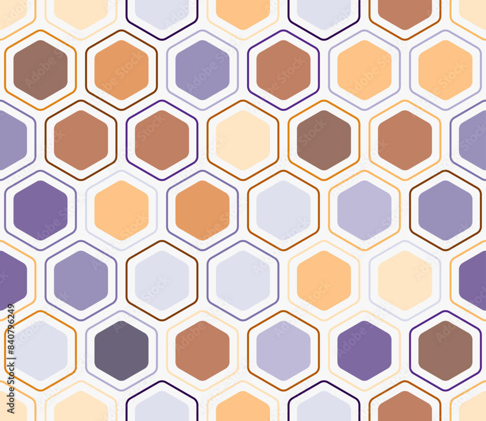 Pattern of hexagon shapes. Rounded hexagons mosaic pattern with inner solid cells. Large hexagon shapes. Multiple tones color palette. Seamless pattern. Tileable vector illustration. Pattern of hexagon shapes. Rounded hexagons mosaic pattern with inner solid cells. Large hexagon shapes. Multiple tones color palette. Seamless pattern. Tileable vector illustration.