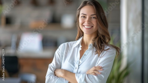 Smiling beautiful female professional manager standing with arms crossed looking at camera, happy confident business woman corporate leader boss ceo posing in office, headshot close up portrait 