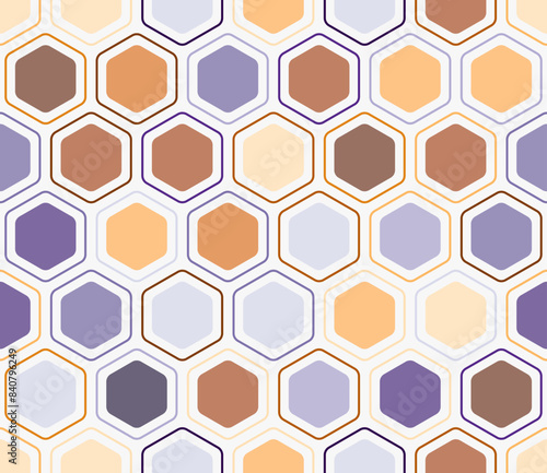 Pattern of hexagon shapes. Rounded hexagons mosaic pattern with inner solid cells. Large hexagon shapes. Multiple tones color palette. Seamless pattern. Tileable vector illustration.
