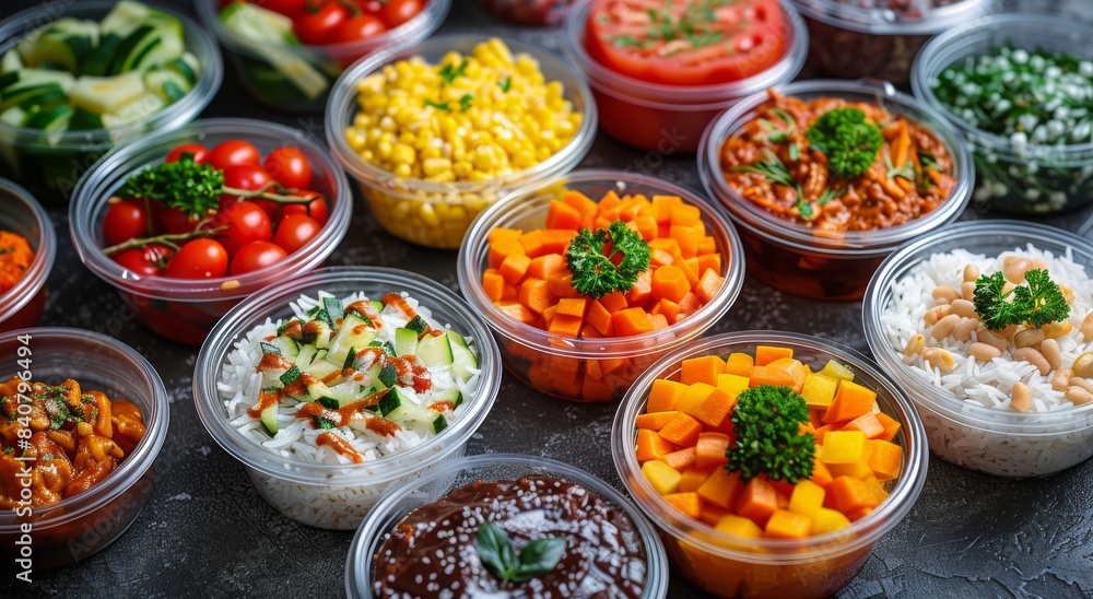 Prepared Food Display Featuring Chopped Carrots and Rice in Clear Plastic Containers Prepared Food Display Featuring Chopped Carrots and Rice in Clear Plastic Containers