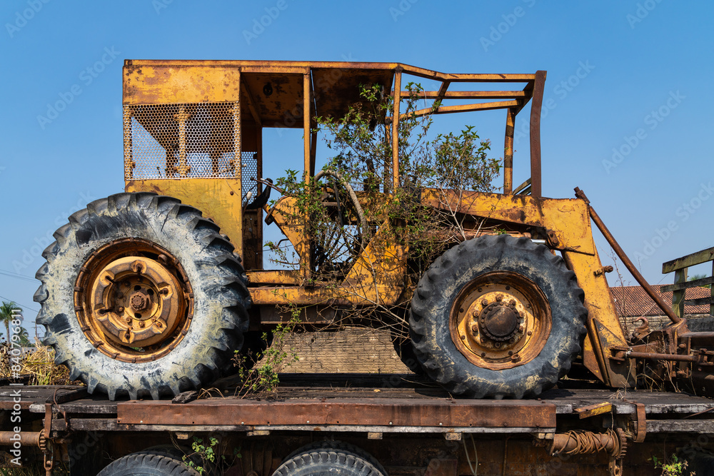 Fototapeta premium Tractor used in deforestation of the Amazon Rainforest seized by IBAMA, Brazilian environmental agency. Concept of environment, ecology, global warming, climate change, nature, conservation. Brazil. 
