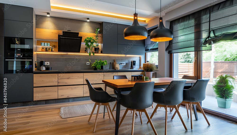 Interior of modern open plan kitchen with dining table and glowi Stock ...