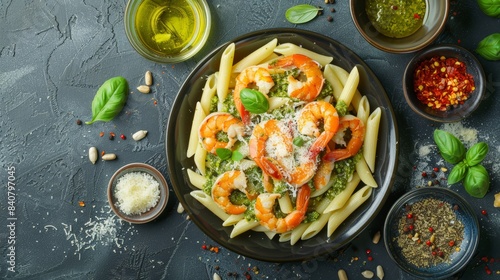 Top down flat lay image of penne spaghetti with tiger prawn  pesto sauce  and shrimp fat paste topped with grated parmesan and sunflower seeds. A delicious Italian food dish with Asian touch 