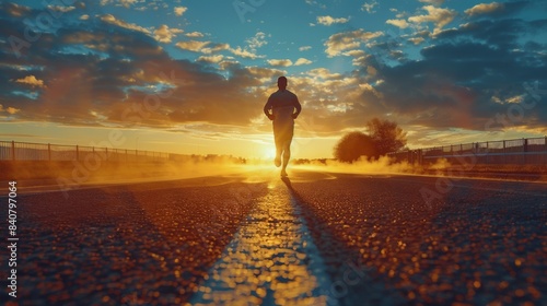 Silhouette of Runner on Road at Sunset With Fog