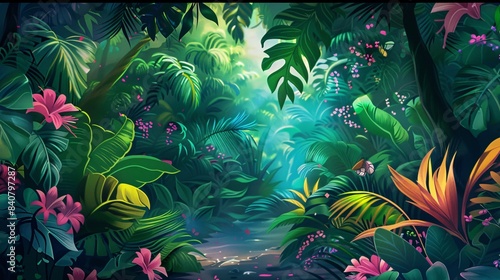 A lush green jungle with a path through it