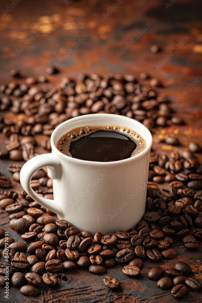 Coffee with mug and beans, aromatic beverage Coffee with mug and beans, aromatic beverage
