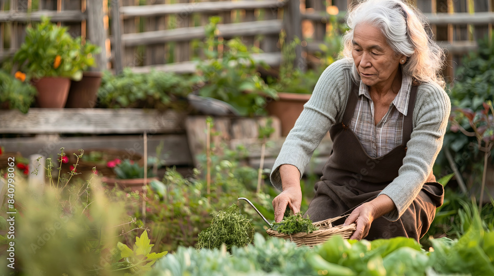 Serene Elderly Woman Harvesting Fresh Herbs in Lush Home Garden Serene Elderly Woman Harvesting Fresh Herbs in Lush Home Garden
