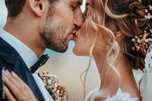 Kissing couple wedding portrait, celebrating love and commitment