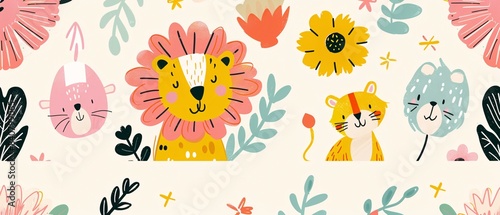 A colorful drawing of animals and flowers