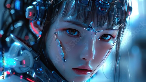 Close up view of beautiful and cute girl cyberpunk cyborg robot on 3D background. AI generated images