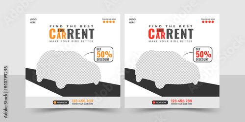 Car social media post template, rent a car social media banner design, editable social media marketing square flyer poster.