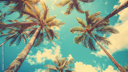 Blue sky and palm trees view from below  vintage style  tropical beach and summer background