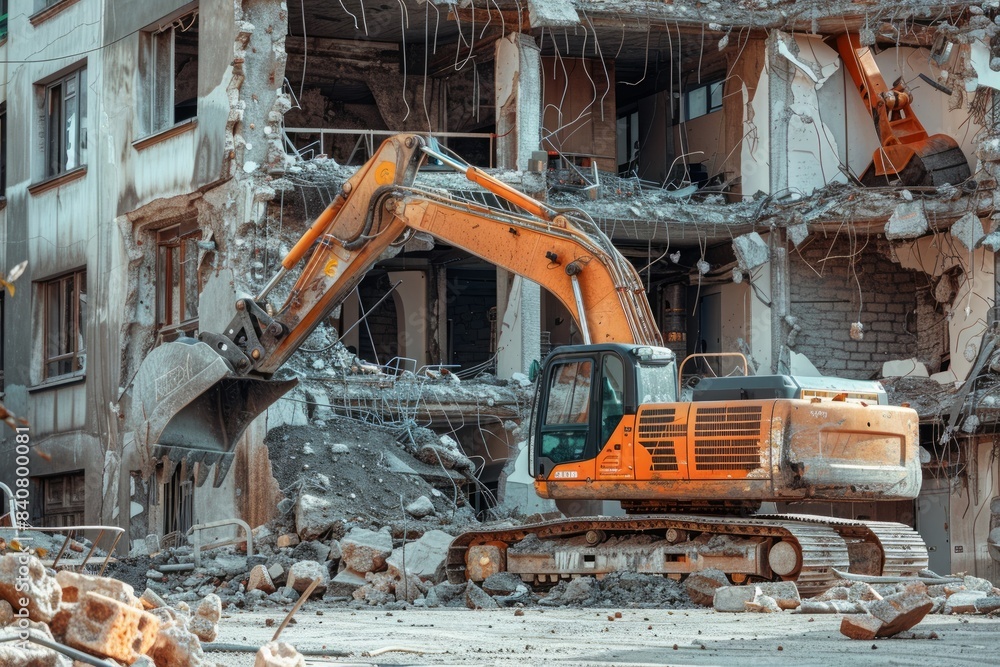An excavator demolishes an old building at a construction site, clearing debris for new development. An excavator demolishes an old building at a construction site, clearing debris for new development.