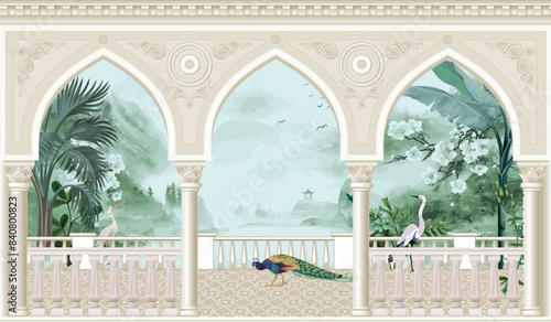 Traditional Mughal garden, arch landscape wallpaper. Mughal wedding invitation wallpaper design.