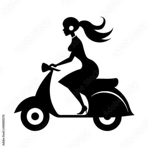 Retro scooter, abstract vector illustration, with a female rider, vector silhouette