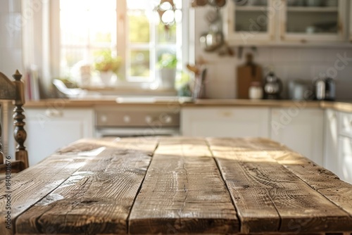 Empty wooden table in a kitchen with a blurred background of a home interior  focusing on the top left corner of the photograph  creating an atmosphere of calm and comfort.