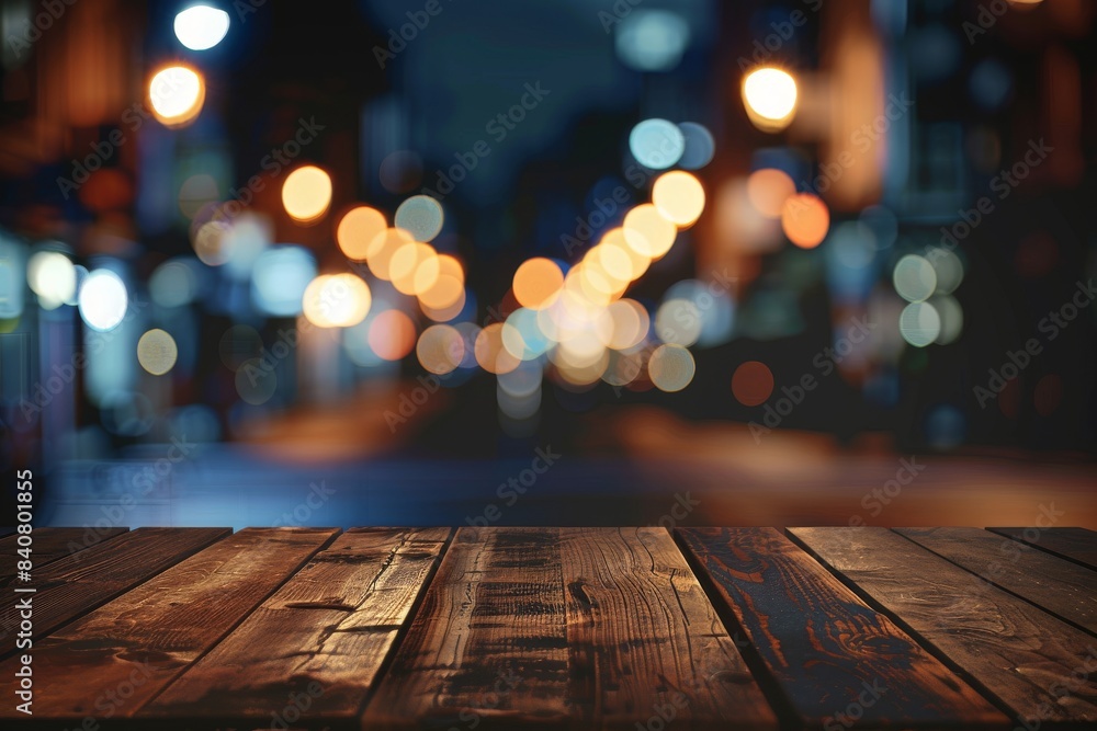 Empty wooden table top with blurred background of night street lights and bokeh effect for product display presentation, product mockup design template, blank space for copy text Empty wooden table top with blurred background of night street lights and bokeh effect for product display presentation, product mockup design template, blank space for copy text