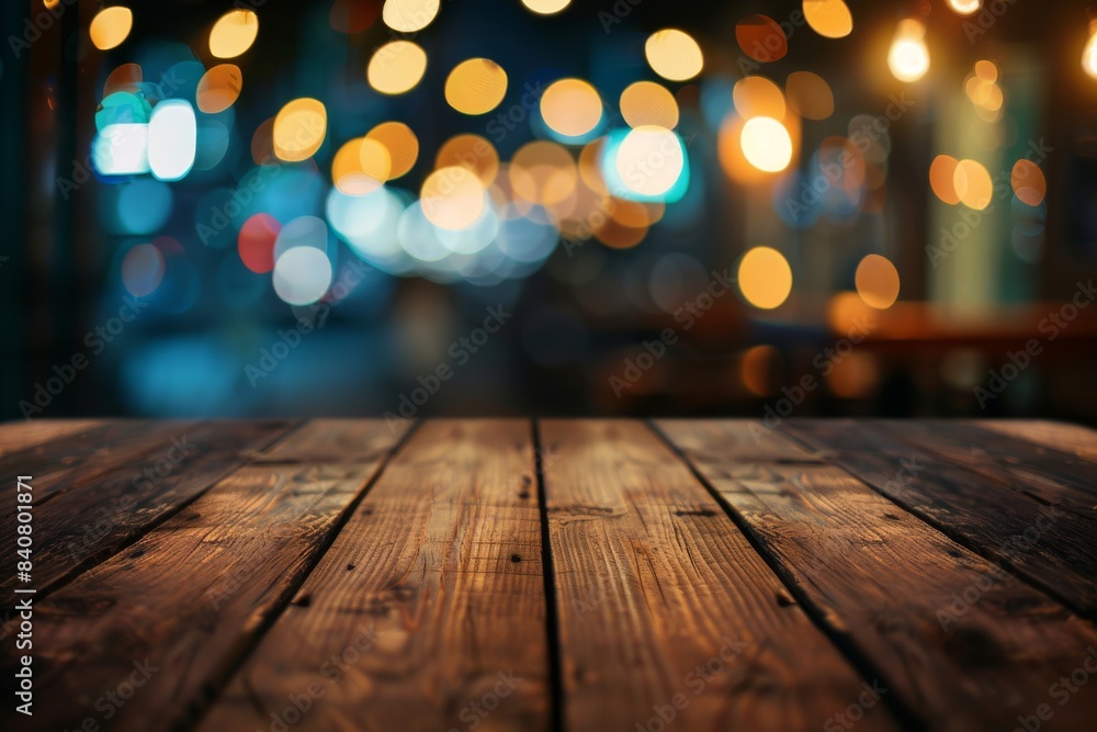 Empty wooden table top with blurred background of night street lights and bokeh effect for product display presentation, product mockup design template, blank space for copy text Empty wooden table top with blurred background of night street lights and bokeh effect for product display presentation, product mockup design template, blank space for copy text