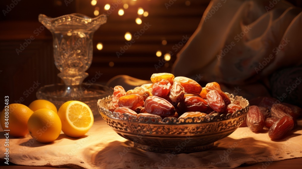 Obraz premium Bowl of Juicy Dates Illuminated by Soft, Warm Light