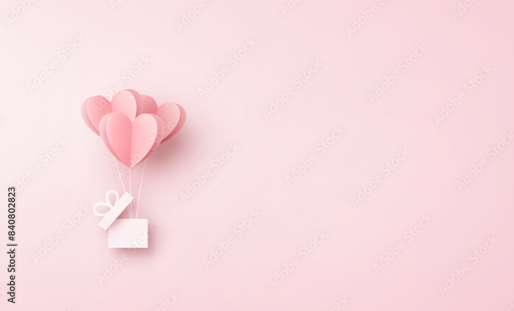 Paper elements in shape of heart flying on pink background. Vector symbols of love with gift box for Happy Women's, Mother's, Valentine's Day, birthday greeting card design Paper elements in shape of heart flying on pink background. Vector symbols of love with gift box for Happy Women's, Mother's, Valentine's Day, birthday greeting card design