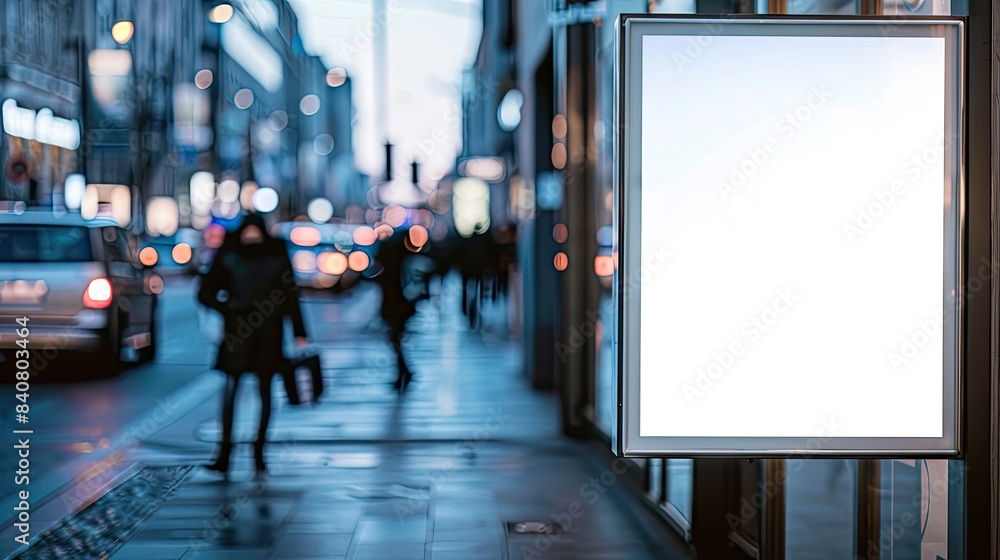 Fototapeta premium a modern bus stop with a blank white billboard for advertising in a city center, taken from the street side with a view of cars and people walking in the background.