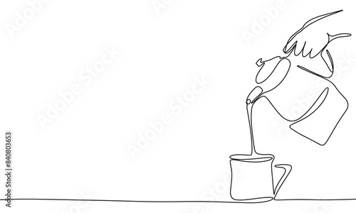 Pour from kettle to cup one line continuous. Line art Pour liquid. Hand drawn vector art.
