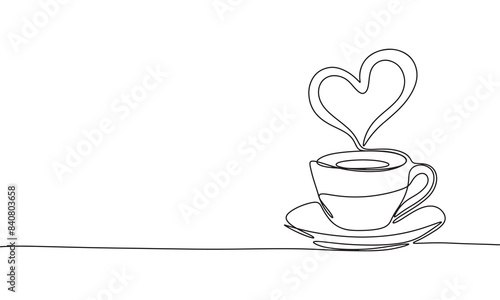 Cup with steam as heart shape one line continuous. Line art Cup of coffee. Hand drawn vector art.