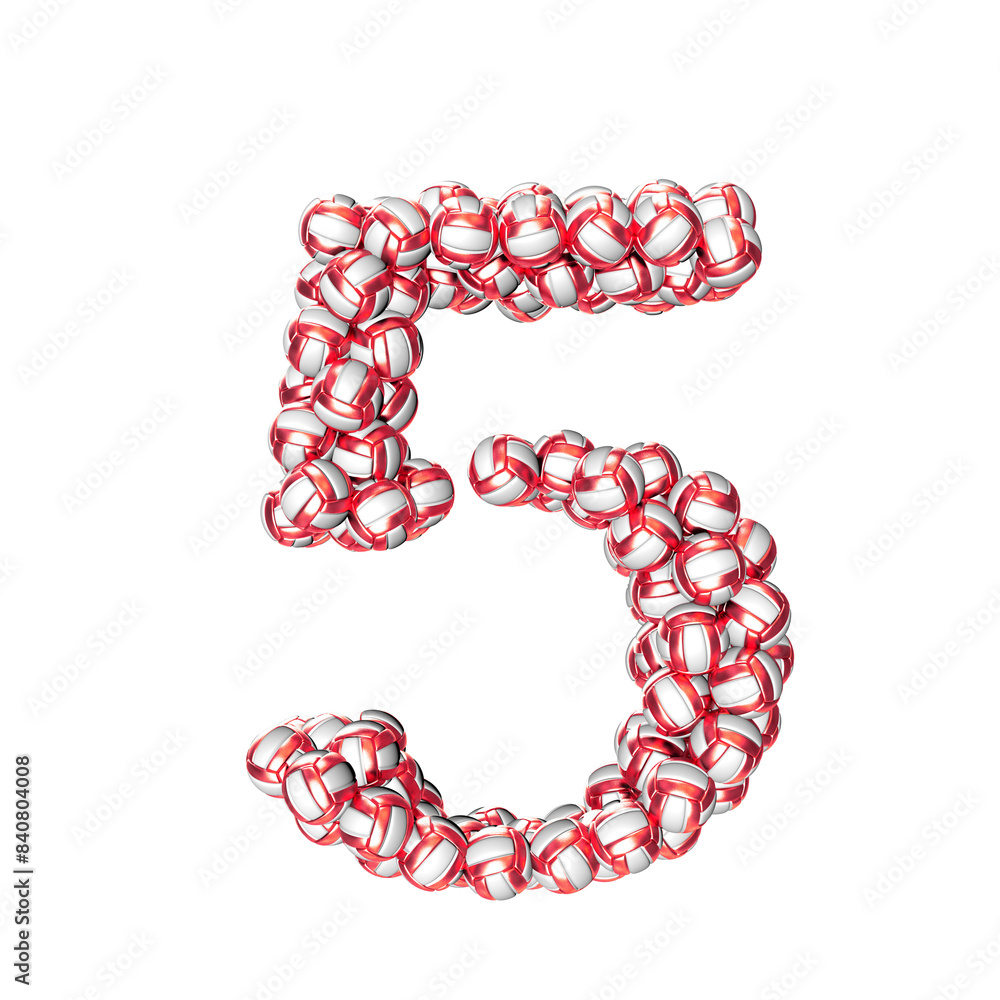Symbol made of red volleyballs. number 5 Symbol made of red volleyballs. number 5