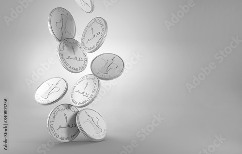 Canvas Print One 1 Dirham AED United ARAB Emirates Coins falling on a grey background with co