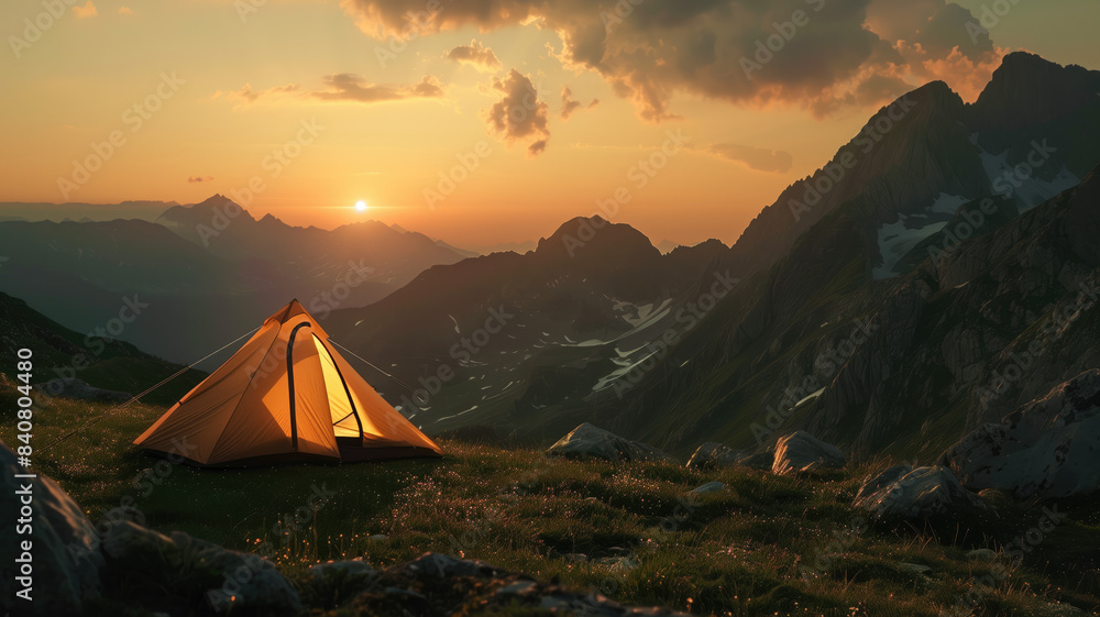 camping tent high in the mountains at sunset Generative AI
camping tent high in the mountains at sunset Generative AI