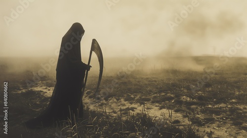 A haunting image of the Grim Reaper standing in a misty field, holding a scythe. The sepia tones and eerie atmosphere evoke a sense of foreboding and the supernatural.