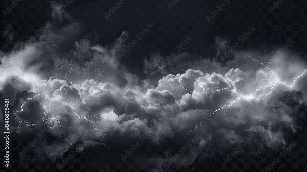 Black storm clouds with lightnings and smoke isolated on transparent ...