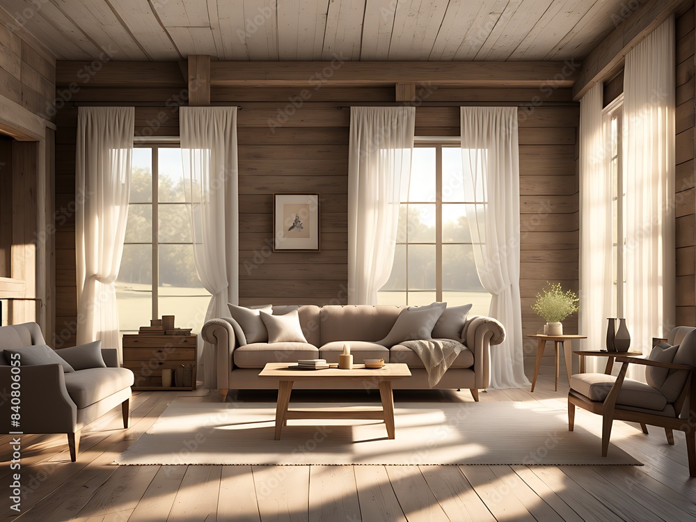 Mockup frame in farmhouse living room interior, 3d render Mockup frame in farmhouse living room interior, 3d render