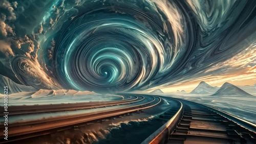 Train tracks with a tunnel cutting through, creating a surreal and industrial landscape, A surreal landscape of train tracks bending and twisting in unexpected directions photo