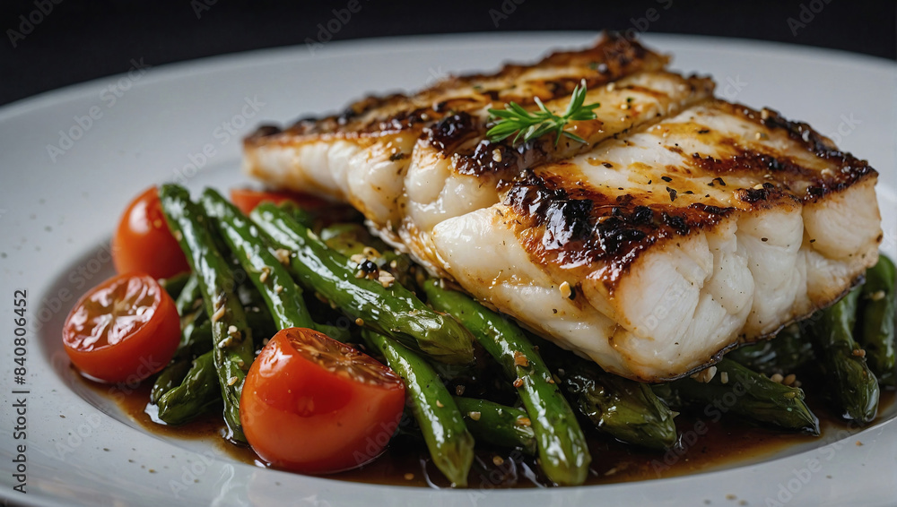 Grilled pike perch, mullet, catfish steak with vegetables. Grilled pike perch, mullet, catfish steak with vegetables.
