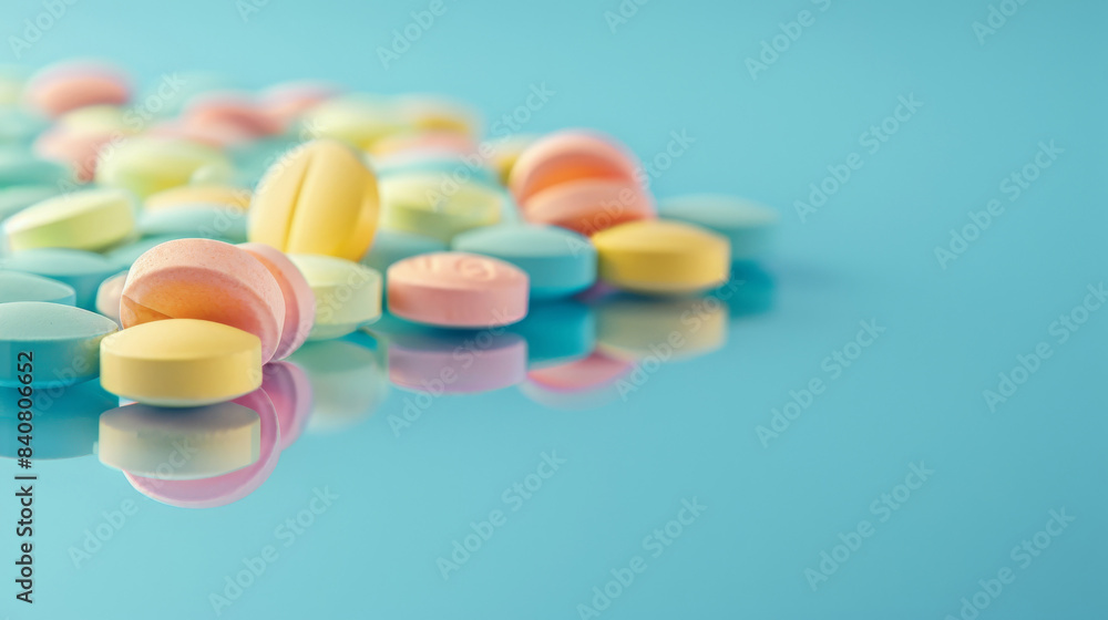 Assorted Pills on Reflective Surface with Blue Background Assorted Pills on Reflective Surface with Blue Background