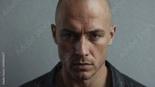 Bald man looking at camera, concept of mid-life crisis in men, hair loss, biological clock.