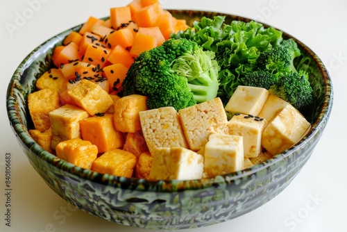 Healthy salad bowl with kale, tofu, and vegetables, highlighting a nutritious, colorful meal in a bright, fresh setting perfect for a healthy lifestyle