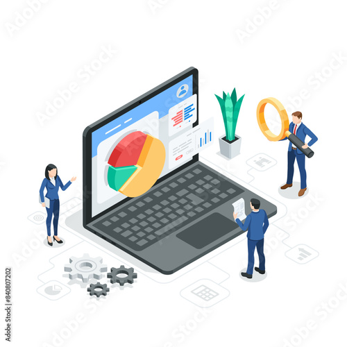 isometric vector pie chart on a laptop screen and business people working with it, in color on a white background, teamwork on statistical data processing