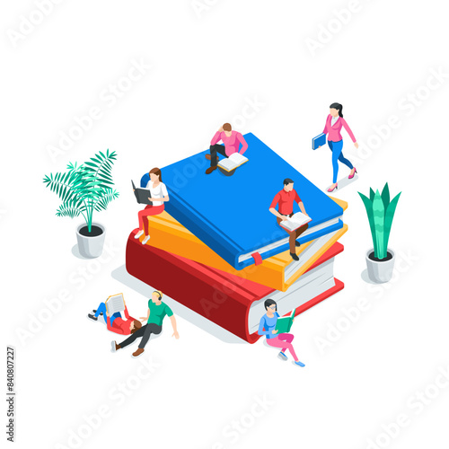 vector isometric image of people reading books, in color on a white background, reading students and a stack of books