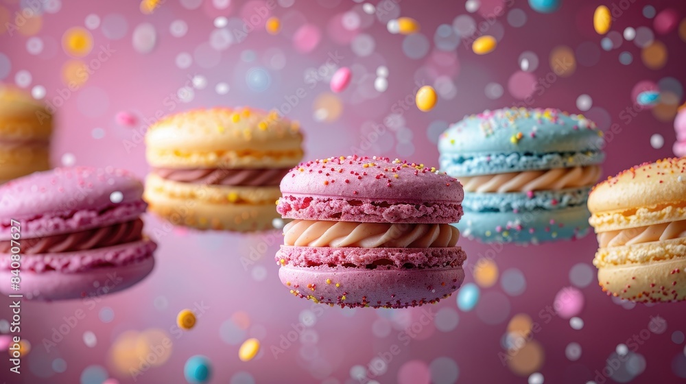 Colorful macarons flying through the air with confetti on a purple background Colorful macarons flying through the air with confetti on a purple background