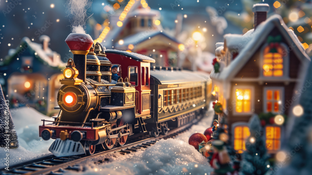 Christmas train in Santa village on snowy background, winter seasonal marketing asset Christmas train in Santa village on snowy background, winter seasonal marketing asset