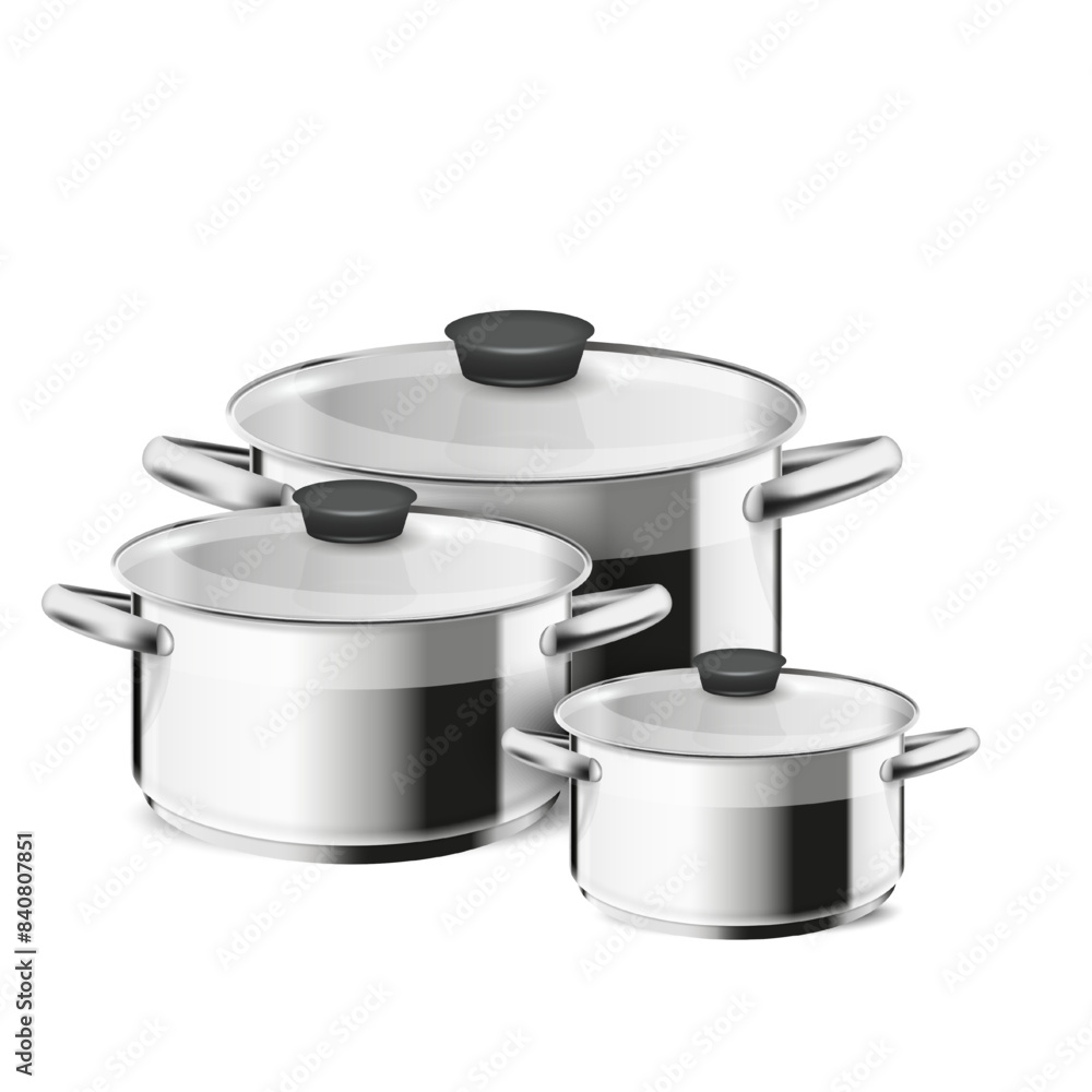 Vector realistic mockup of empty steel frying pan with handle and lid. Stainless steel cookware isolated on white background. Vector realistic mockup of empty steel frying pan with handle and lid. Stainless steel cookware isolated on white background.