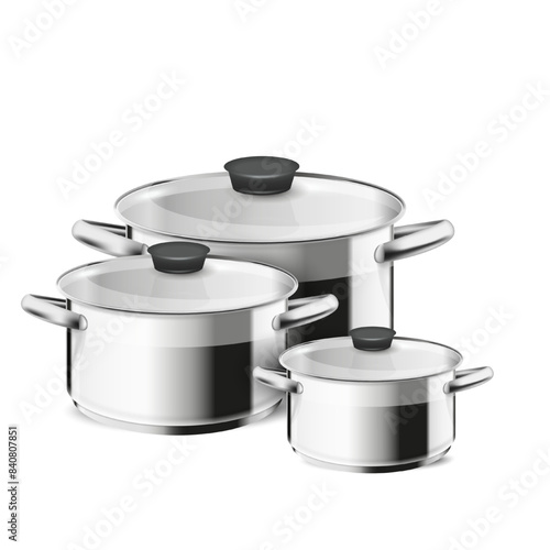 Vector realistic mockup of empty steel frying pan with handle and lid. Stainless steel cookware isolated on white background.