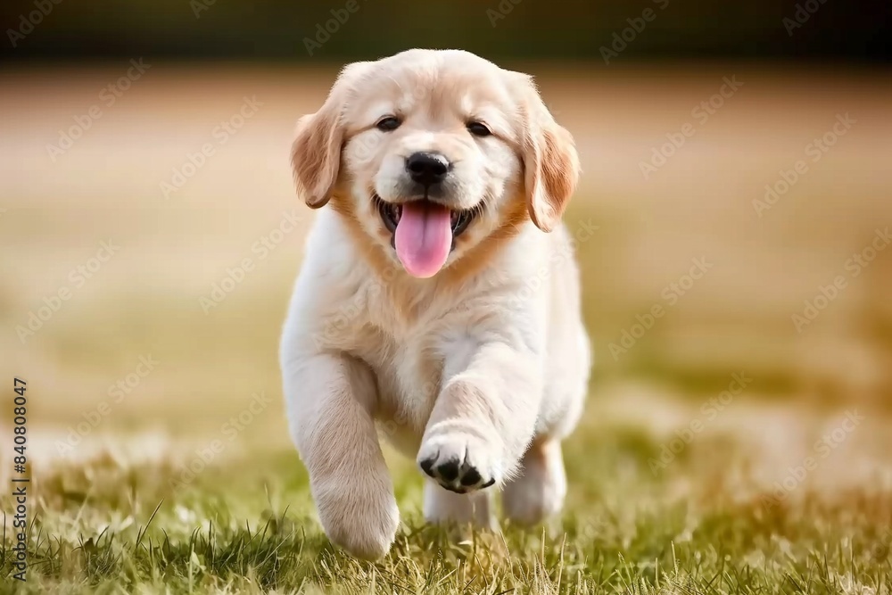 Portrait photo of a happy golden retriever puppy running towards the camera, with a blurred background. There's soft natural light. Portrait photo of a happy golden retriever puppy running towards the camera, with a blurred background. There's soft natural light.