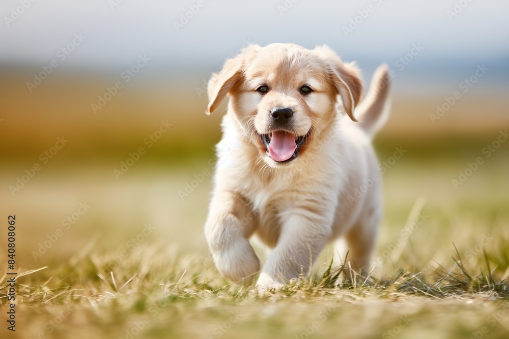 Portrait photo of a happy golden retriever puppy running towards the camera, with a blurred background. There's soft natural light. Portrait photo of a happy golden retriever puppy running towards the camera, with a blurred background. There's soft natural light.