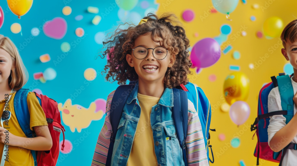 Obraz premium Happy children having fun on a bright background. Little schoolchildren with briefcases spend time together. Concept of childhood, learning.